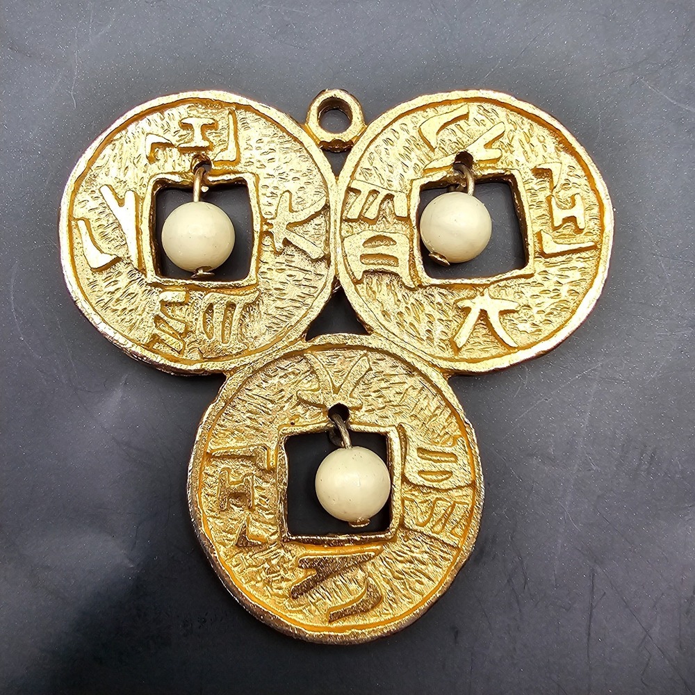 Vintage Unique Triple‎ Asian Coin Pendant Beaded Gold Tone Large 2.5" SIGNED LJM